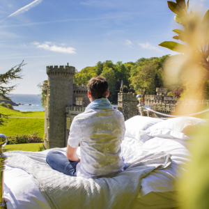 Jenny Aves St Mawes Sateen Egyptian Cotton bed linen and Periwinkle pure linen scarf